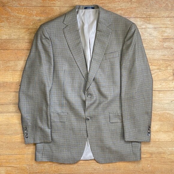 Vintage Mens Houndstooth Plaid Blazer Size 42 1990s Brown Woven Wool Sport Coat